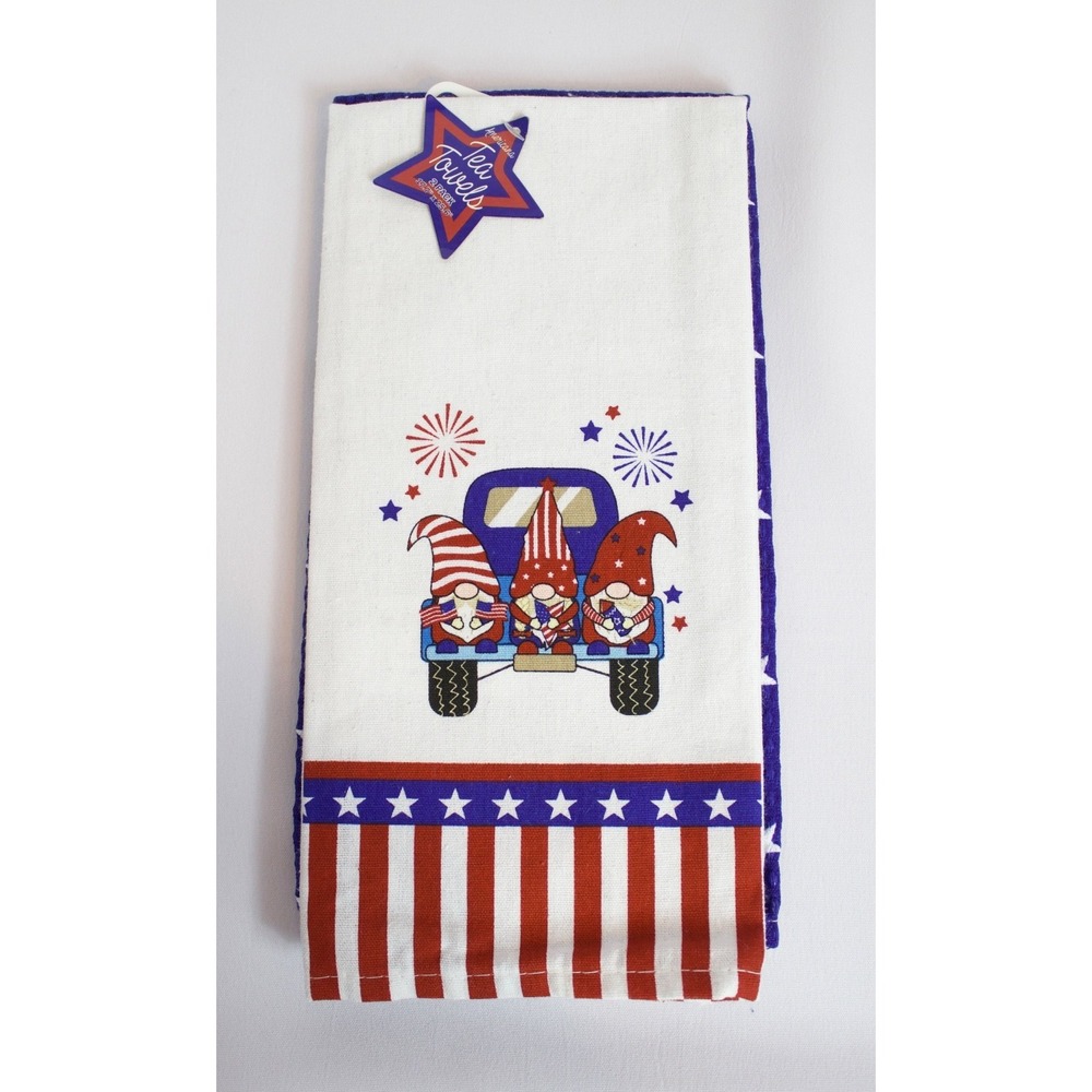 Two Pack Americana Gnome Red White Blue Patriotic July 4th Tea Towels‎ NEW